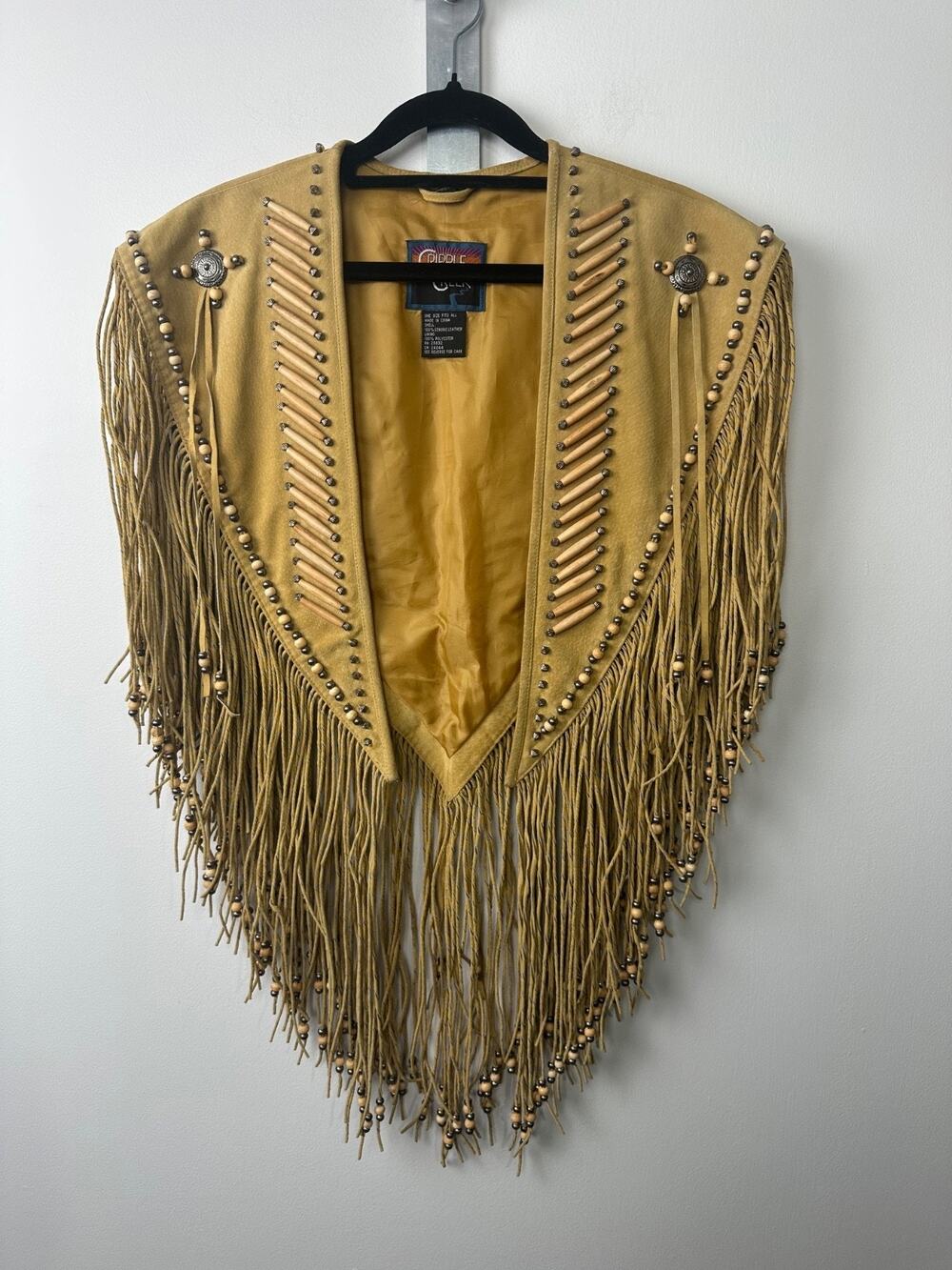 Cripple Creek Shawl Vest Western Leather Studded Aztec Bead Fringe One Size